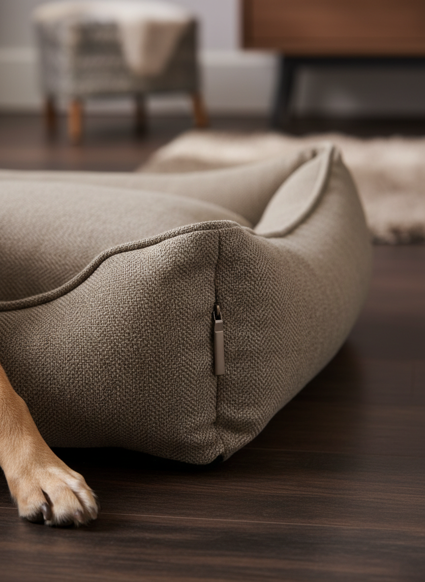 A close-up, detail-focused shot of a luxurious dog bed corner, showing thick, plush cushioning encased in a rich taupe herringbone fabric. The camera captures the fine weave, precise double stitching, and a hidden zipper with a slim metal pull, all in sharp focus. A tasteful dog’s paw with well-groomed fur gently rests at the edge of the frame, suggesting scale and use without dominating the scene. The bed sits on a smooth, dark-stained hardwood floor with a faint reflection beneath it. Soft studio lighting from the right highlights the textures and creates subtle gradients across the fabric, while the background falls into a gentle blur. The composition is tight and minimal, photographic realism that communicates craftsmanship, durability, and premium quality.