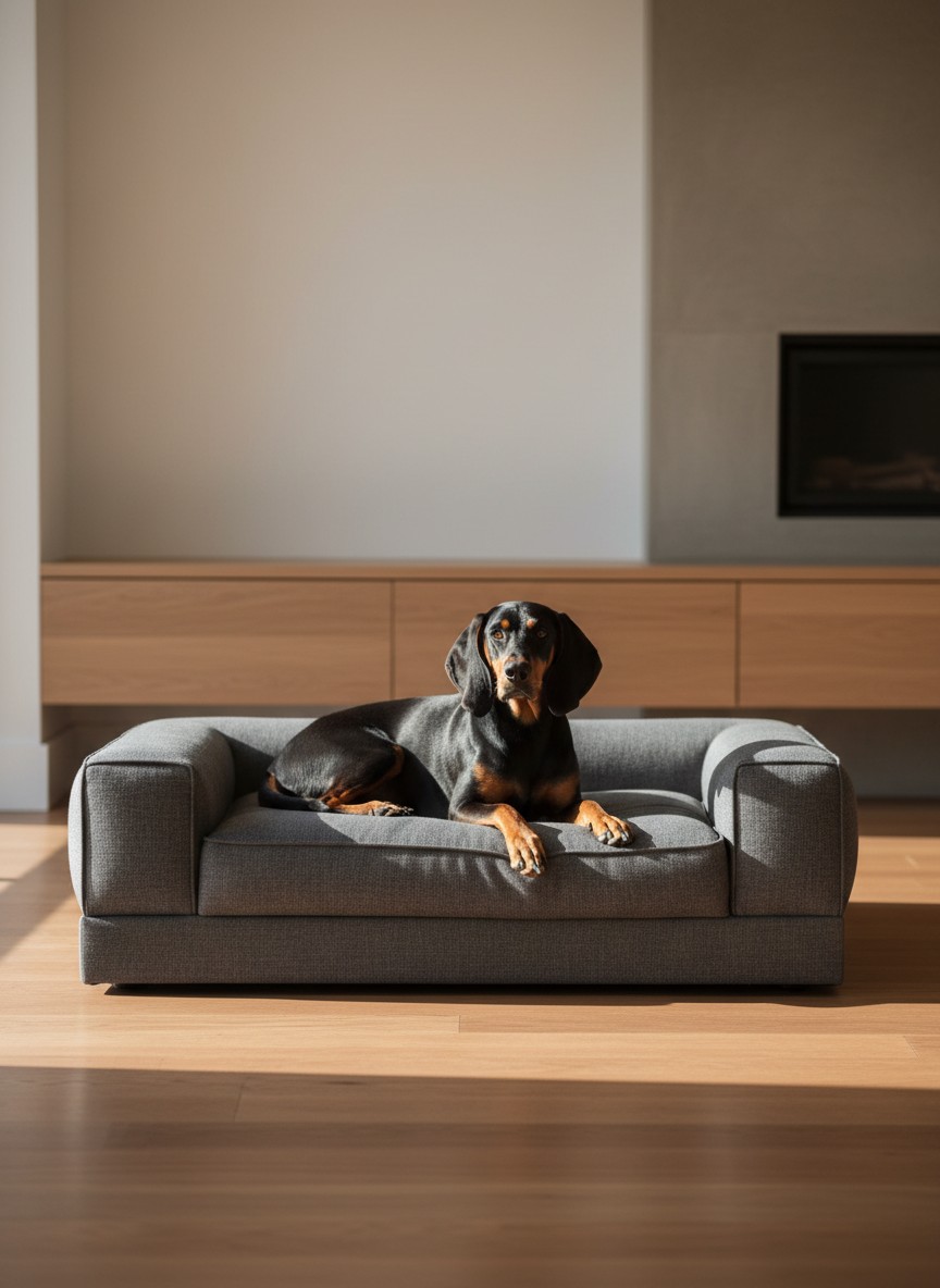A meticulously crafted, premium orthopedic dog bed in charcoal gray linen, with a thick memory foam base and piped edges, sits centered in a softly lit living room. The fabric texture is clearly visible, with subtle heathering that signals quality. Behind it, low modern oak cabinetry and a muted stone fireplace are slightly out of focus. Late afternoon natural light pours in from a large unseen window to the left, creating gentle highlights on the bed’s surface and soft shadows on the hardwood floor. A well-groomed, medium-sized dog with a sleek coat lounges calmly on the bed, posed with quiet confidence, not overly cute. Photographic realism, eye-level composition, shallow depth of field, and a sophisticated, minimalist aesthetic emphasize luxury and craftsmanship.
