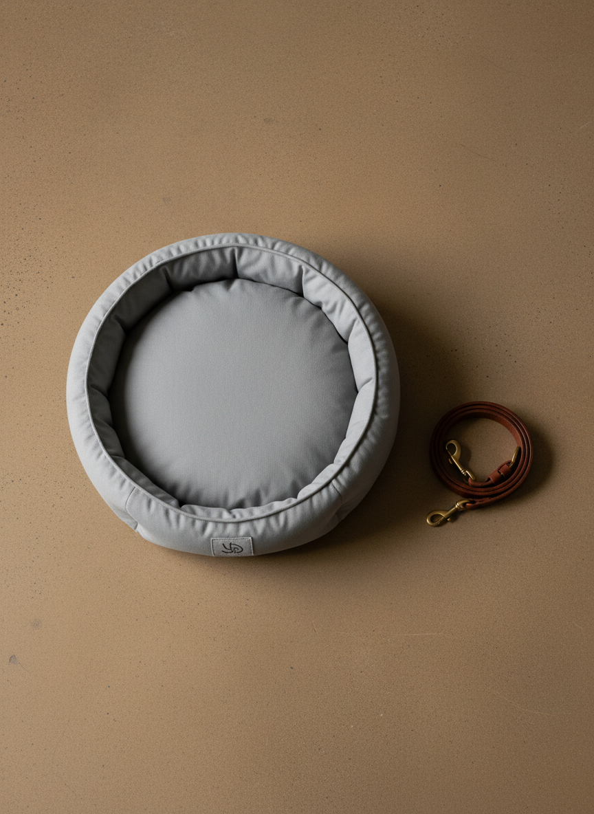 An elegant dog bed and matching leather collar and leash set are arranged as a product flat lay on a smooth, warm-toned concrete floor. The bed features a low, structured bolster in dove-grey brushed cotton with refined stitching and a discreet woven tag. The collar and leash are deep cognac leather with matte brass hardware, coiled neatly beside the bed. Overhead, diffused studio lighting creates even illumination with delicate, natural shadows that define each object’s shape and texture. The composition follows a clean, geometric arrangement with ample negative space around the products, framed from a bird’s-eye view. The mood is modern, curated, and sophisticated, highlighting premium materials, attention to detail, and artisanal craftsmanship in a realistic photographic style.