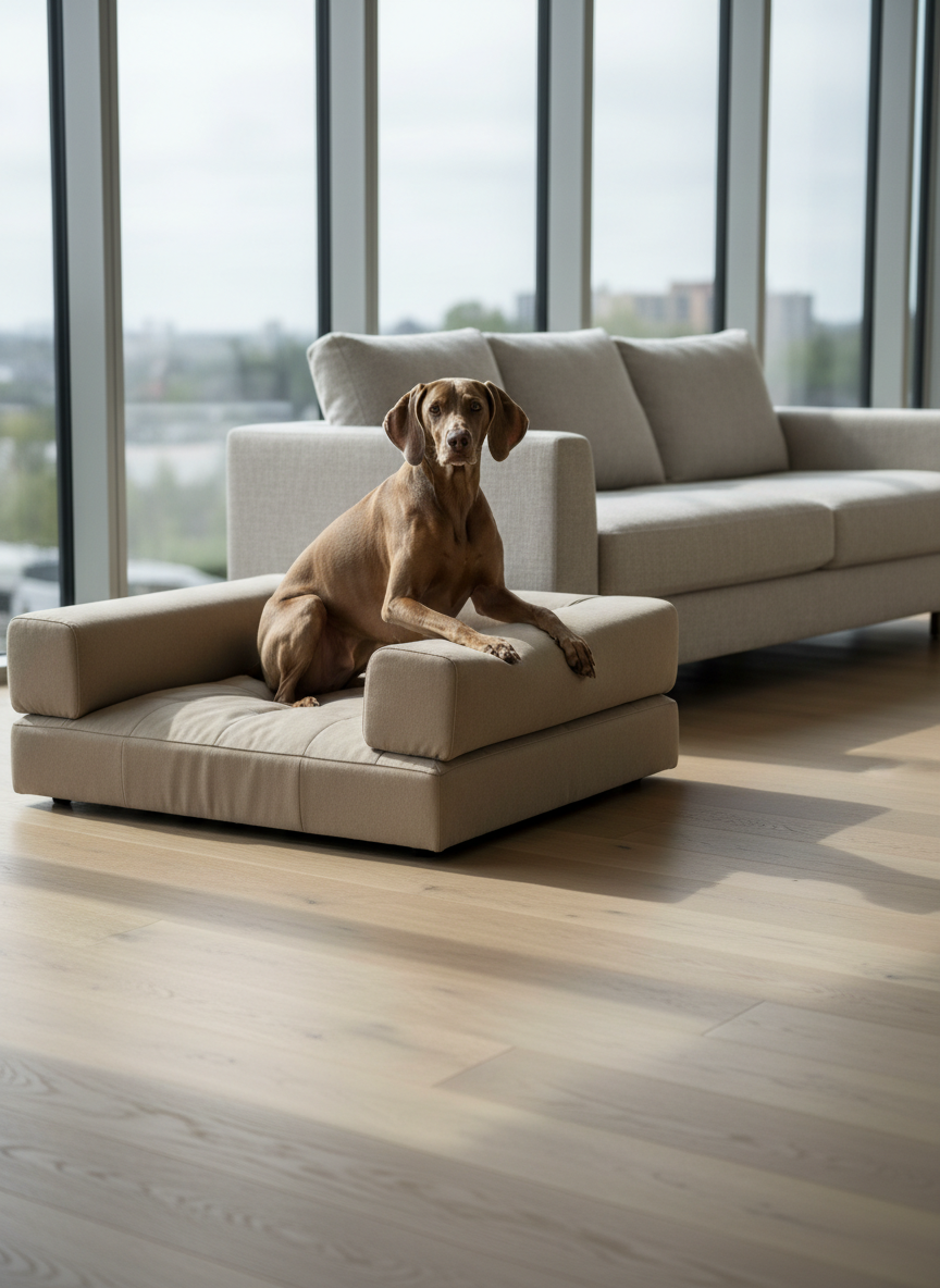 A spacious, premium dog bed in a muted sand-colored performance fabric rests beside a low, contemporary linen sofa in a high-end living space. The bed’s tailored seams, subtle quilting on the cushion, and removable bolster are clearly visible, conveying thoughtful design. A tasteful, short-haired dog with a glossy coat stands with front paws on the bed, about to settle in, head slightly turned toward the camera. Floor-to-ceiling windows in the background let in soft, overcast daylight, creating a calm, evenly lit scene with gentle, elongated shadows on the pale oak floor. Shot from a slightly elevated angle with moderate depth of field, the environment is sharp yet understated. The mood is serene and refined, emphasizing how the accessory integrates seamlessly into a sophisticated home.