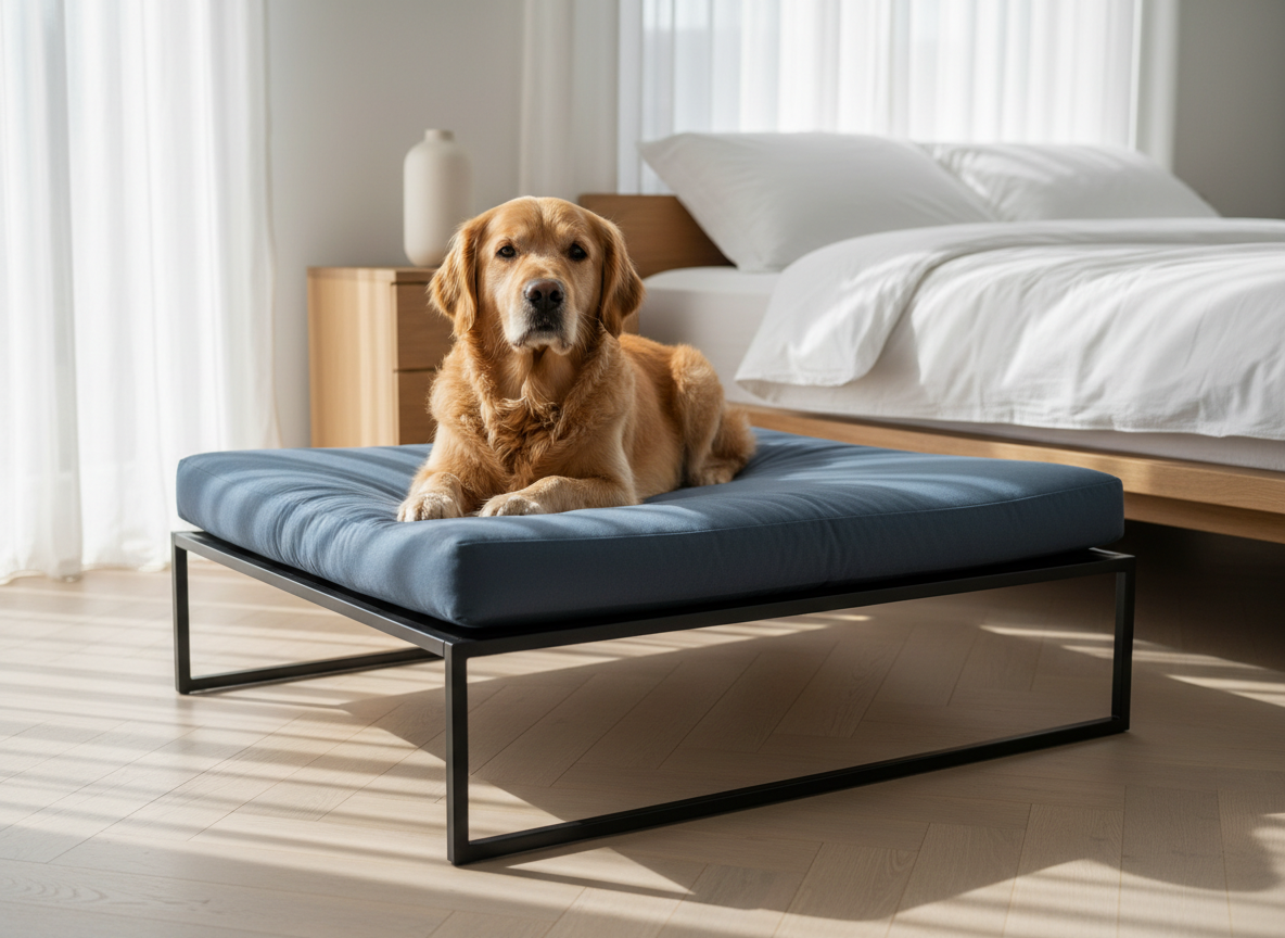 A refined corner of a bedroom showcases a premium raised dog bed with a sleek, matte black metal frame and a thick, slate-blue cushion in a tightly woven, durable fabric. The bed is positioned near the foot of a low platform bed with crisp white linens, echoing its clean lines. A composed, large breed dog reclines on the bed, alert yet relaxed, embodying quiet sophistication. Morning light filters through sheer drapes, casting soft, linear shadows on the pale herringbone wood floor and subtly illuminating the metal frame. Shot at eye level with a rule-of-thirds composition, the background includes a blurred minimalist nightstand and ceramic vase. The photographic, modern aesthetic emphasizes how the dog accessory can be both functional and architecturally elegant.