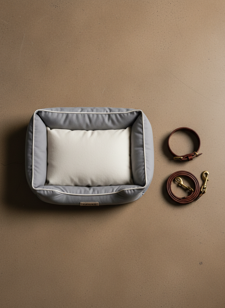 An elegant dog bed and matching leather collar and leash set are arranged as a product flat lay on a smooth, warm-toned concrete floor. The bed features a low, structured bolster in dove-grey brushed cotton with refined stitching and a discreet woven tag. The collar and leash are deep cognac leather with matte brass hardware, coiled neatly beside the bed. Overhead, diffused studio lighting creates even illumination with delicate, natural shadows that define each object’s shape and texture. The composition follows a clean, geometric arrangement with ample negative space around the products, framed from a bird’s-eye view. The mood is modern, curated, and sophisticated, highlighting premium materials, attention to detail, and artisanal craftsmanship in a realistic photographic style.