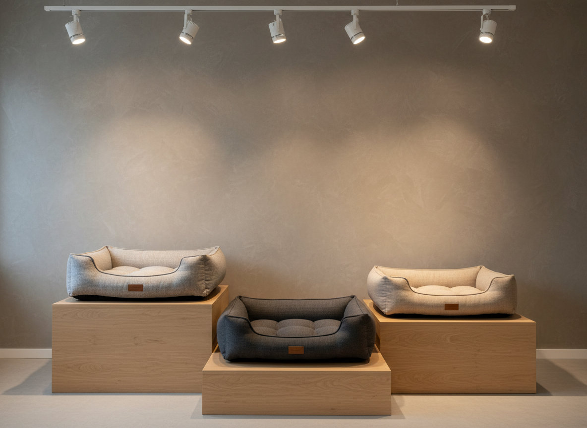 In a boutique-style product display, three sizes of the same premium dog bed line are arranged on staggered, light oak platforms against a textured, warm gray wall. Each bed features a different neutral fabric — stone, graphite, and soft beige — all with consistent, refined tailoring, piped edges, and discreet brand tag details. No pets are present, placing full attention on the accessories. Overhead track lighting combined with a soft side light from the left creates a gallery-like atmosphere, with defined but gentle shadows that sculpt the forms. Shot straight-on with sharp focus throughout, the composition is balanced and symmetrical, evoking a high-end showroom. The mood is polished and aspirational, photographic realism emphasizing variety in size and color while maintaining a cohesive, luxury design language.