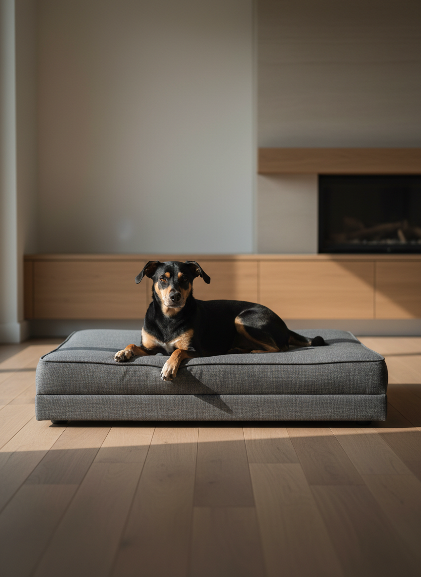 A meticulously crafted, premium orthopedic dog bed in charcoal gray linen, with a thick memory foam base and piped edges, sits centered in a softly lit living room. The fabric texture is clearly visible, with subtle heathering that signals quality. Behind it, low modern oak cabinetry and a muted stone fireplace are slightly out of focus. Late afternoon natural light pours in from a large unseen window to the left, creating gentle highlights on the bed’s surface and soft shadows on the hardwood floor. A well-groomed, medium-sized dog with a sleek coat lounges calmly on the bed, posed with quiet confidence, not overly cute. Photographic realism, eye-level composition, shallow depth of field, and a sophisticated, minimalist aesthetic emphasize luxury and craftsmanship.