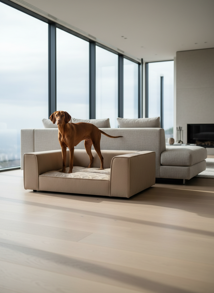 A spacious, premium dog bed in a muted sand-colored performance fabric rests beside a low, contemporary linen sofa in a high-end living space. The bed’s tailored seams, subtle quilting on the cushion, and removable bolster are clearly visible, conveying thoughtful design. A tasteful, short-haired dog with a glossy coat stands with front paws on the bed, about to settle in, head slightly turned toward the camera. Floor-to-ceiling windows in the background let in soft, overcast daylight, creating a calm, evenly lit scene with gentle, elongated shadows on the pale oak floor. Shot from a slightly elevated angle with moderate depth of field, the environment is sharp yet understated. The mood is serene and refined, emphasizing how the accessory integrates seamlessly into a sophisticated home.