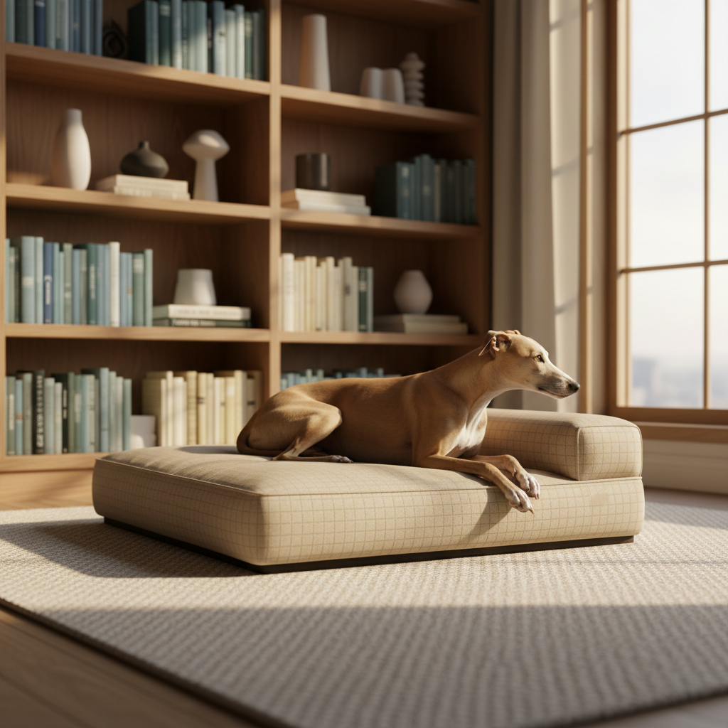 A serene reading nook integrates a premium dog bed as a design focal point. The bed, a low, rectangular cushion in textured oat-colored fabric with a subtle stitched grid pattern, sits beside a tall bookcase filled with color-coordinated spines and minimalist ceramic objects. A calm, short-haired dog with a refined posture is lying lengthwise on the bed, head resting on the slightly elevated edge, looking toward a large window. Soft golden-hour sunlight streams in, catching the gentle sheen of the fabric and casting elongated, soft shadows on the woven wool rug beneath. Photographed from a low angle at the dog’s eye level, with a shallow depth of field that blurs the shelves behind, the image feels warm, intimate, and sophisticated, highlighting how the accessory enhances both comfort and interior style.